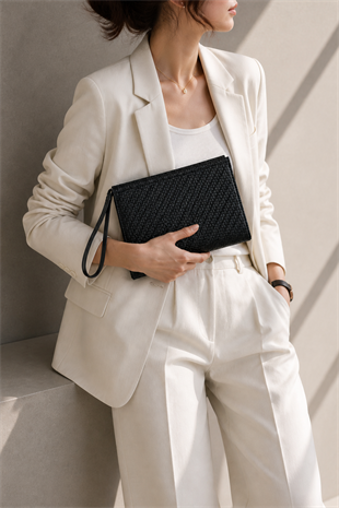 Kadın Portföy Çanta – Şık Tasarım, Günlük & Gece Kullanım Clutch Siyah Örgü Desen