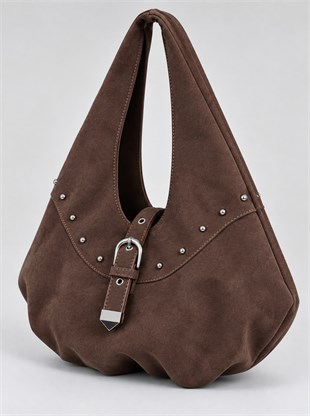 Metal Zımba Detaylı Kilit Aksesuarlı Büyük Boy Hobo Omuz Çantası Kahverengi Süet