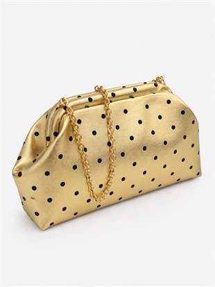 Puantiyeli  Kadın Zincir Askılı Clutch ve Omuz Çantası Altın Puantiyeli