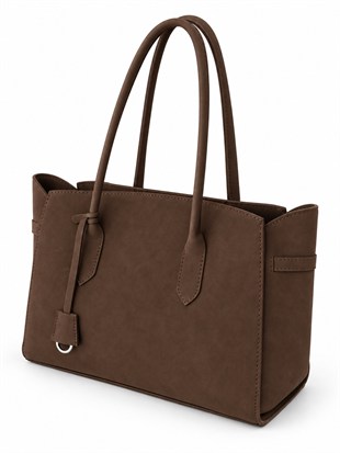 Fermuarlı İç Bölmeli Omuz Çantası Shopper Model Kahverengi Süet