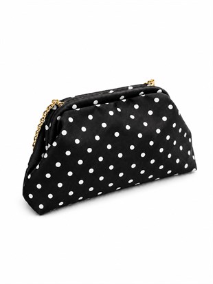 Puantiyeli  Kadın Zincir Askılı Clutch ve Omuz Çantası Siyah Puantiyeli