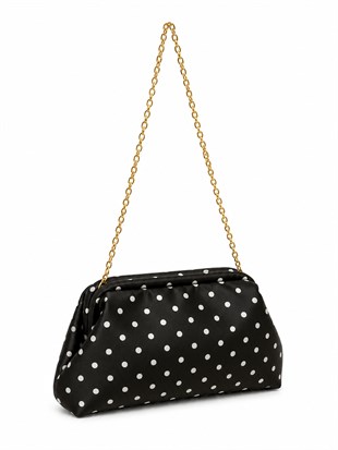 Puantiyeli  Kadın Zincir Askılı Clutch ve Omuz Çantası Siyah Puantiyeli