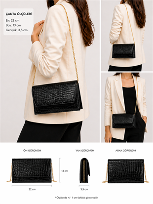 Deri Görünümlü Zincir Askılı Kadın El ve Omuz Çantası – Şık Portföy Clutch Siyah Kroko