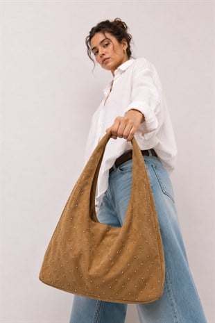Süet Shopper Yumuşak  Form Omuz Çantası Camel