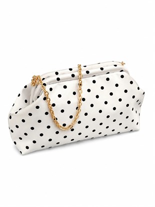 Puantiyeli  Kadın Zincir Askılı Clutch ve Omuz Çantası Beyaz Puantiyeli