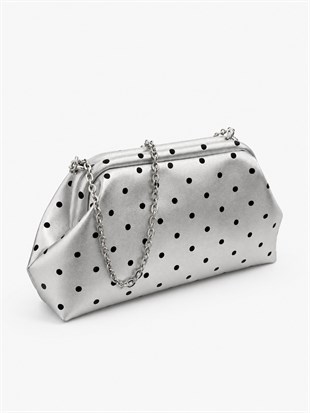 Puantiyeli  Kadın Zincir Askılı Clutch ve Omuz Çantası Gümüş Puantiyeli