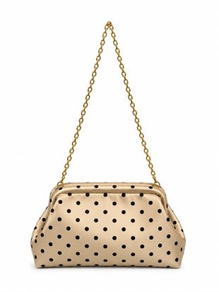 Puantiyeli  Kadın Zincir Askılı Clutch ve Omuz Çantası Krem Puantiyeli