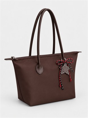 Süslemeli Fermuarlı Shopper Omuz Çantası Kahverengi