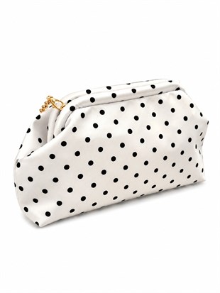 Puantiyeli  Kadın Zincir Askılı Clutch ve Omuz Çantası Beyaz Puantiyeli