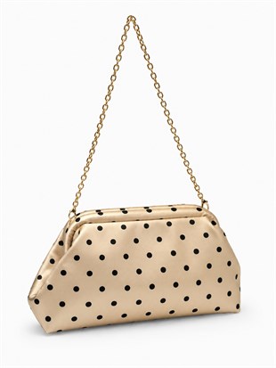 Puantiyeli  Kadın Zincir Askılı Clutch ve Omuz Çantası Krem Puantiyeli
