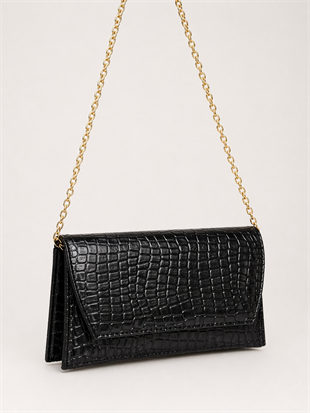 Deri Görünümlü Zincir Askılı Kadın El ve Omuz Çantası – Şık Portföy Clutch Siyah Kroko