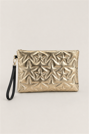 Yıldız Desenli Parlak Kadın El Çantası – Şık Clutch Çanta Altın