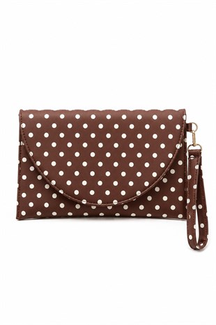 Clutch Çanta Kavis Kapaklı Portföy El Çantası Kahverengi Puantiyeli