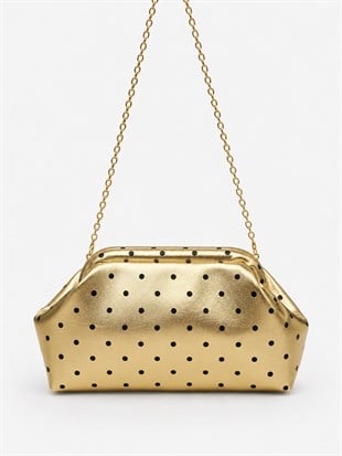 Puantiyeli  Kadın Zincir Askılı Clutch ve Omuz Çantası Altın Puantiyeli