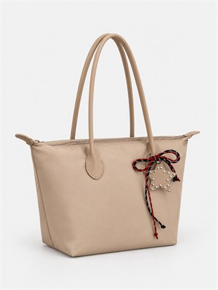 Süslemeli Fermuarlı Shopper Omuz Çantası Vizon
