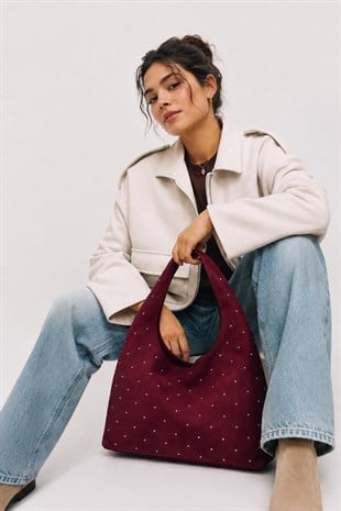 Süet Shopper Yumuşak  Form Omuz Çantası Bordo