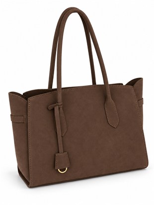 Fermuarlı İç Bölmeli Omuz Çantası Shopper Model Kahverengi Süet