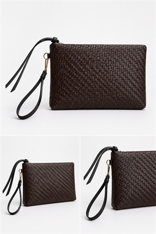 Örgü Dokulu El Çantası – Şık Clutch & Bilek Askılı Günlük Kullanım Çanta Kahverengi