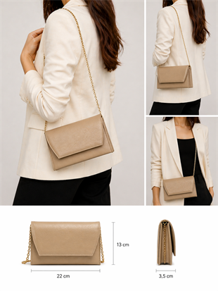 Deri Görünümlü Zincir Askılı Kadın El ve Omuz Çantası – Şık Portföy Clutch Vizon