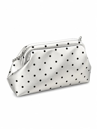 Puantiyeli  Kadın Zincir Askılı Clutch ve Omuz Çantası Gümüş Puantiyeli