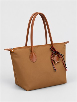 Süslemeli Fermuarlı Shopper Omuz Çantası Taba