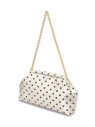 Puantiyeli  Kadın Zincir Askılı Clutch ve Omuz Çantası Beyaz Puantiyeli