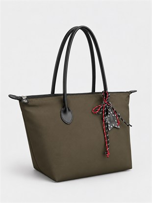 Süslemeli Fermuarlı Shopper Omuz Çantası Haki