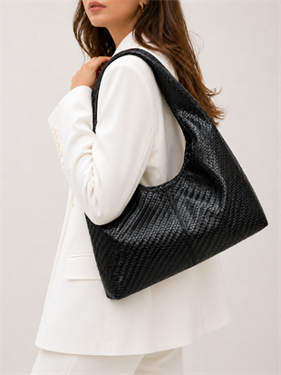 Shopper Omuz Çantası – Yumuşak Form Vintage Model Siyah Örgü Desen