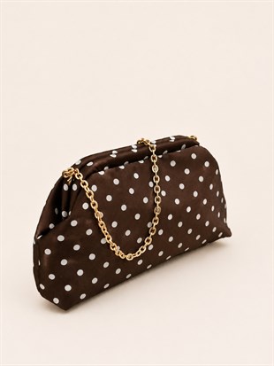 Puantiyeli  Kadın Zincir Askılı Clutch ve Omuz Çantası Kahverengi Puantiyeli