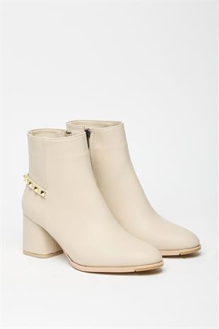 Bej Gold Zımba Detaylı Blok Topuk Modern Bot Günlük - Şık