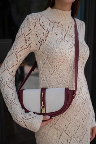 Diva Kontrast Tasarım Çapraz Askılı Kadın Çanta - Bordo-Krem