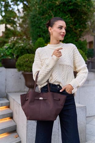 Büzgü Detay Klipsli Süet El Ve Omuz Çantası Kahverengi Süet