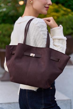 Büzgü Detay Klipsli Süet El Ve Omuz Çantası Kahverengi Süet