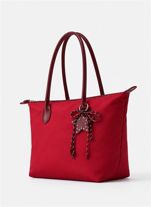 Süslemeli Fermuarlı Shopper Omuz Çantası Kırmızı