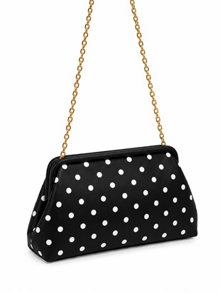 Puantiyeli  Kadın Zincir Askılı Clutch ve Omuz Çantası Siyah Puantiyeli