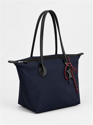 Süslemeli Fermuarlı Shopper Omuz Çantası Lacivert