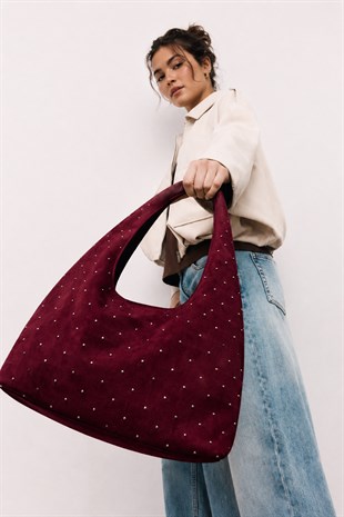 Süet Shopper Yumuşak  Form Omuz Çantası Bordo