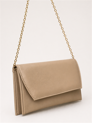 Deri Görünümlü Zincir Askılı Kadın El ve Omuz Çantası – Şık Portföy Clutch Vizon