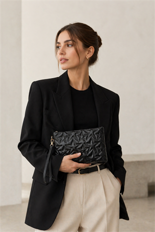 Yıldız Desenli Parlak Kadın El Çantası – Şık Clutch Çanta Siyah