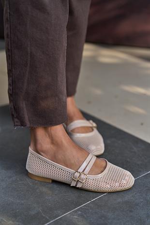 Çift Kemer Detaylı Fileli Babet Bej