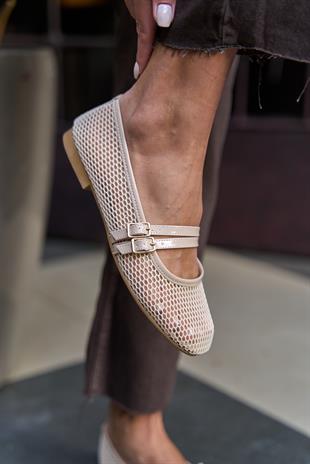 Çift Kemer Detaylı Fileli Babet Bej