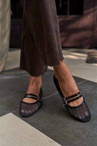 Çift Kemer Detaylı Fileli Babet Siyah