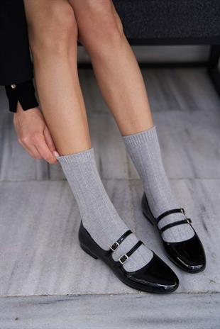 Çift Kemerli Babet Siyah Rugan