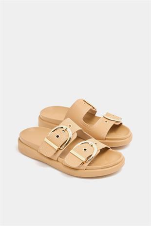 Çift Tokalı Şık Günlük Terlik Vizon