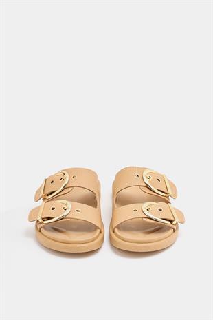 Çift Tokalı Şık Günlük Terlik Vizon