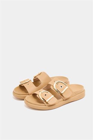 Çift Tokalı Şık Günlük Terlik Vizon