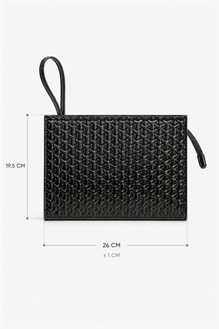 Rugan Dokulu Monogram Desenli El Çantası – Şık & Gece Kombin Uyumlu Clutch Çanta Siyah