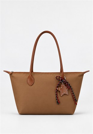 Süslemeli Fermuarlı Shopper Omuz Çantası Taba