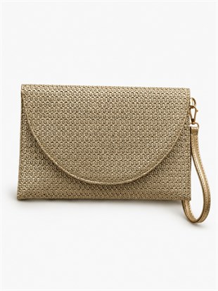 Clutch Çanta Kavis Kapaklı Portföy El Çantası Altın Simli