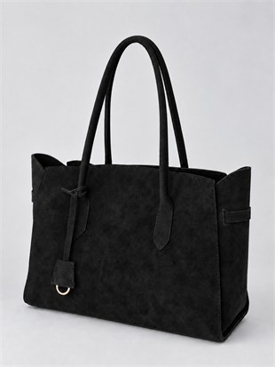 Fermuarlı İç Bölmeli Omuz Çantası Shopper Model Siyah Süet